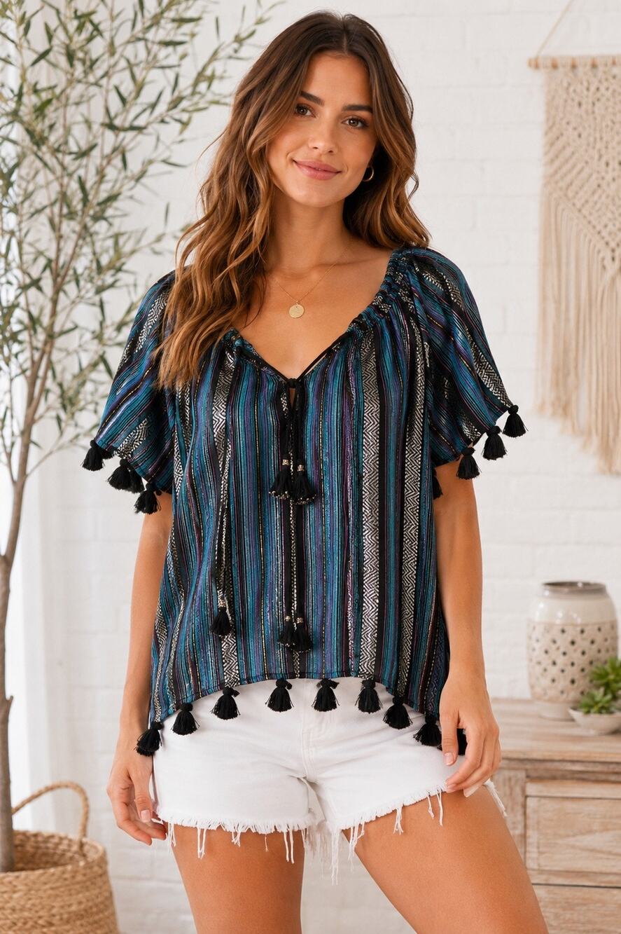 Tessora Metallic Jacquard Tassel Top XS –Black Green Blue Stripe Boho Blouse NWT